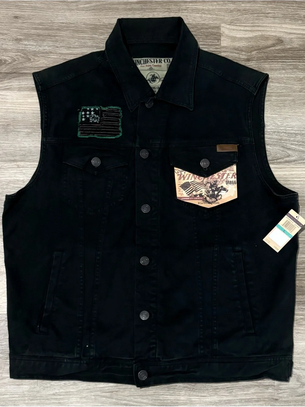 Winchester Co Black Jean Biker Vest Jacket Denim Size L Rare Unique-MSRP $78 New